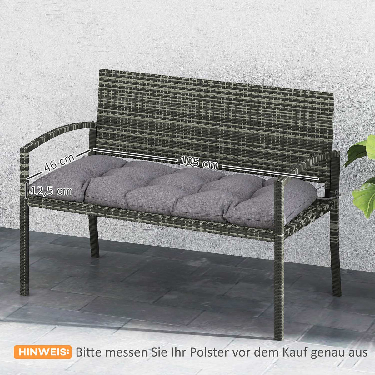 Bench cushion 105 x 46 x 12.5 cm bench cushion with straps, outdoor seat cushion, water-repellent chair cushion UPF50+, seat cushion, seat cushion, bench cushion for garden furniture, bench, gray