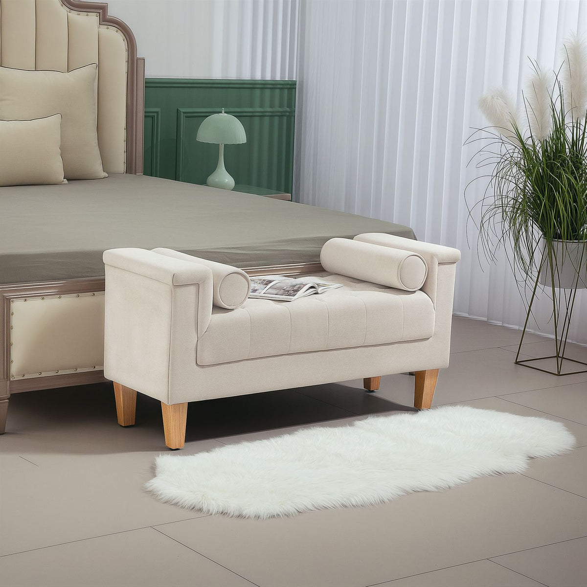 Bench upholstered bench with chenille cover, armrest bed bench with 2 cylinder cushions, wooden frame, shoe bench for bedroom, living room, hallway 115 x 44 x 58 cm beige