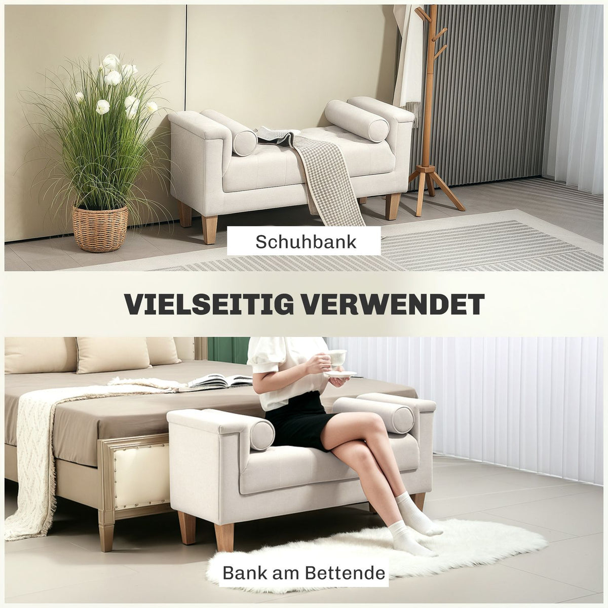 Bench upholstered bench with chenille cover, armrest bed bench with 2 cylinder cushions, wooden frame, shoe bench for bedroom, living room, hallway 115 x 44 x 58 cm beige