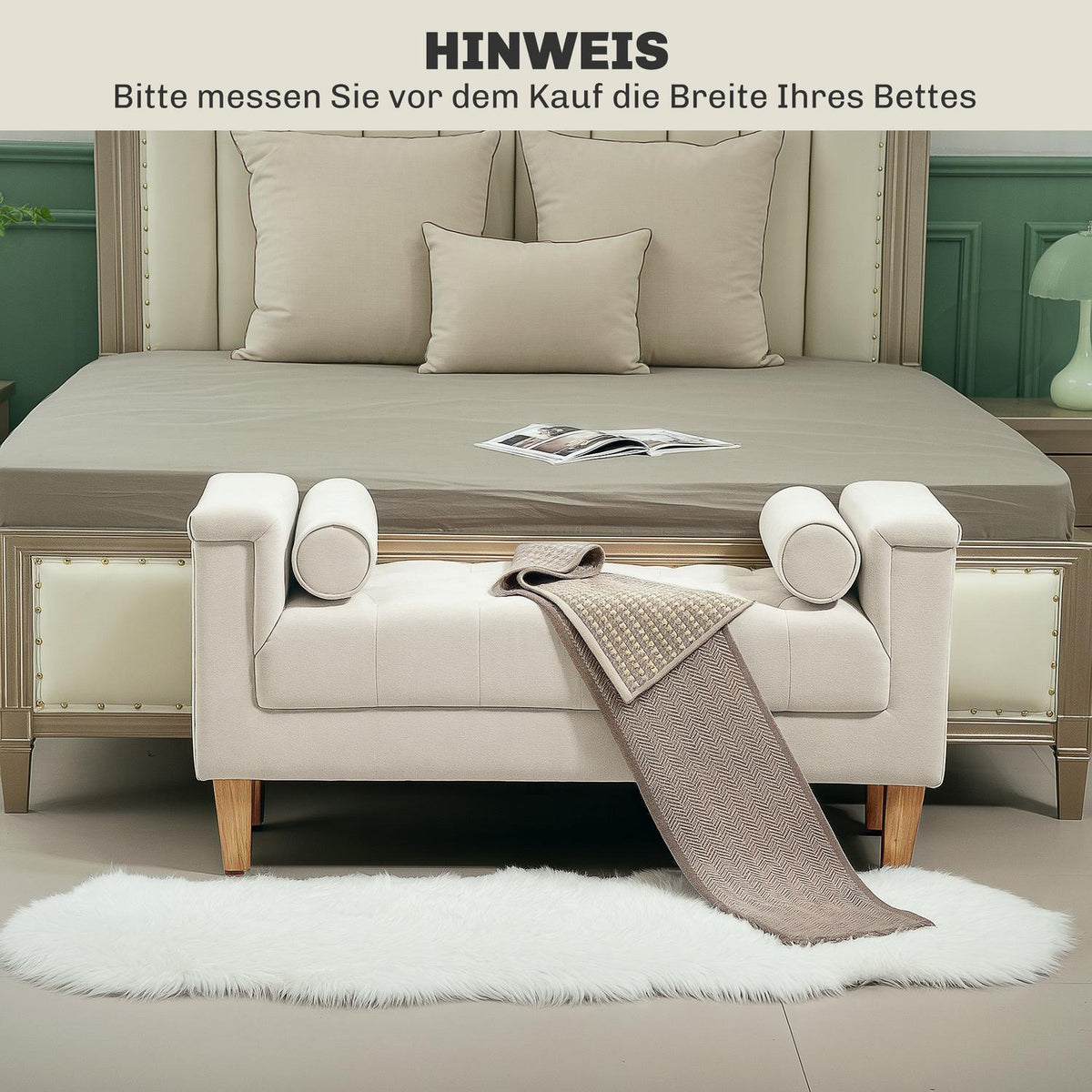Bench upholstered bench with chenille cover, armrest bed bench with 2 cylinder cushions, wooden frame, shoe bench for bedroom, living room, hallway 115 x 44 x 58 cm beige