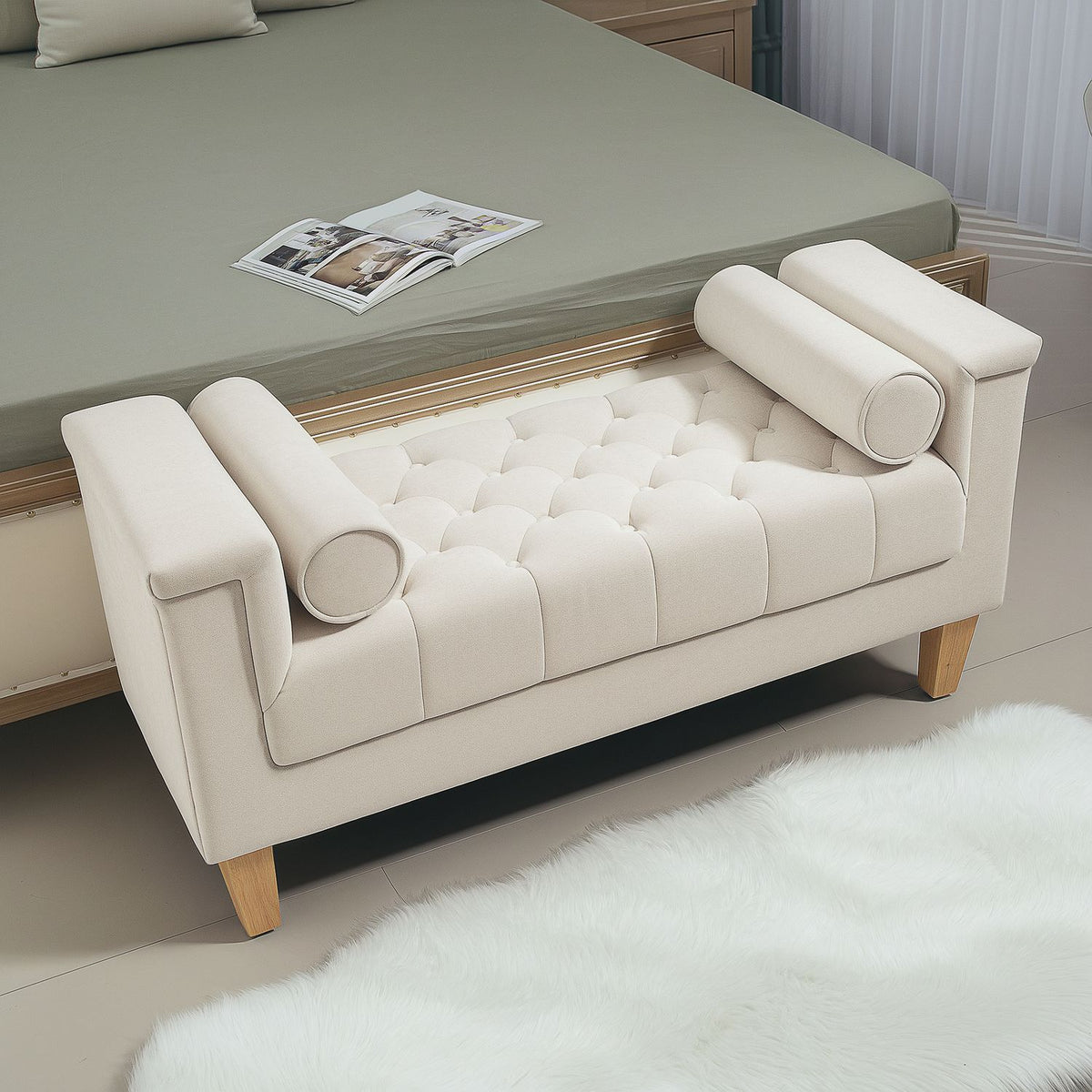 Bench upholstered bench with chenille cover, armrest bed bench with 2 cylinder cushions, wooden frame, shoe bench for bedroom, living room, hallway 115 x 44 x 58 cm beige