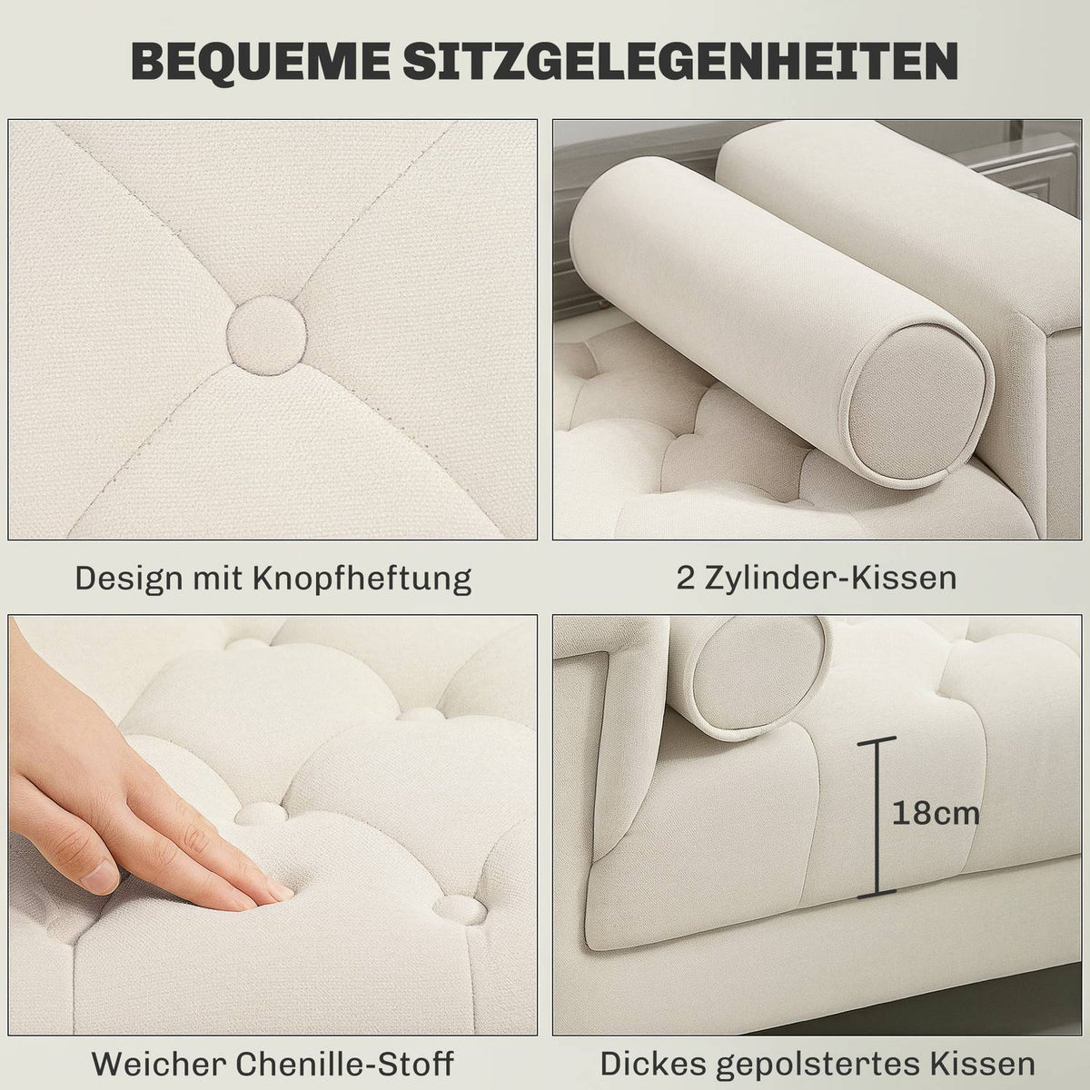 Bench upholstered bench with chenille cover, armrest bed bench with 2 cylinder cushions, wooden frame, shoe bench for bedroom, living room, hallway 115 x 44 x 58 cm beige