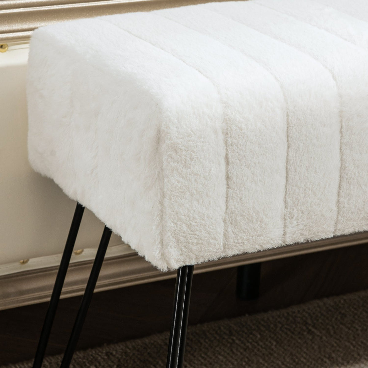 Bench, upholstered bench with faux fur look, metal legs, shoe bench for hallway, bedroom, living room, 82 x 30 x 47 cm, cream white