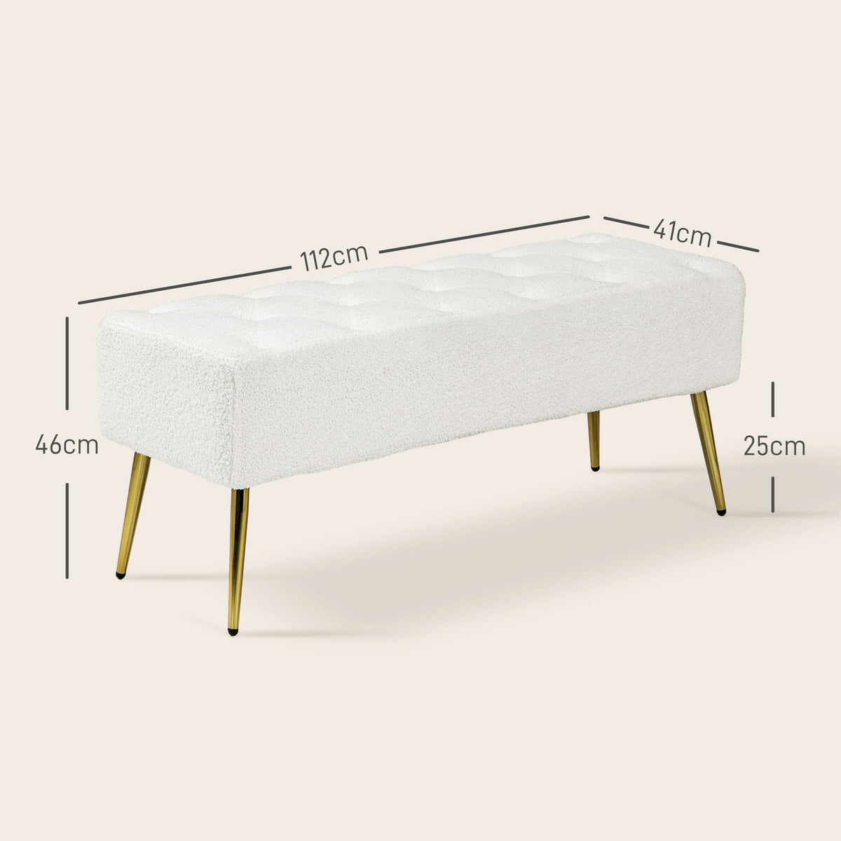 Bench, upholstered bench with lamb's wool look, button stitching, bed bench with steel legs, for bedroom, living room, 112 x 41 x 46 cm, cream