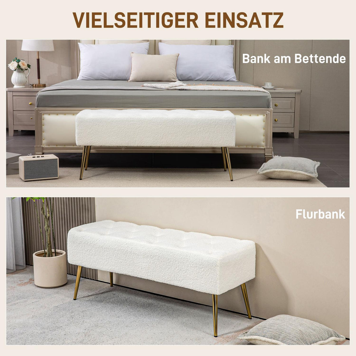 Bench, upholstered bench with lamb's wool look, button stitching, bed bench with steel legs, for bedroom, living room, 112 x 41 x 46 cm, cream