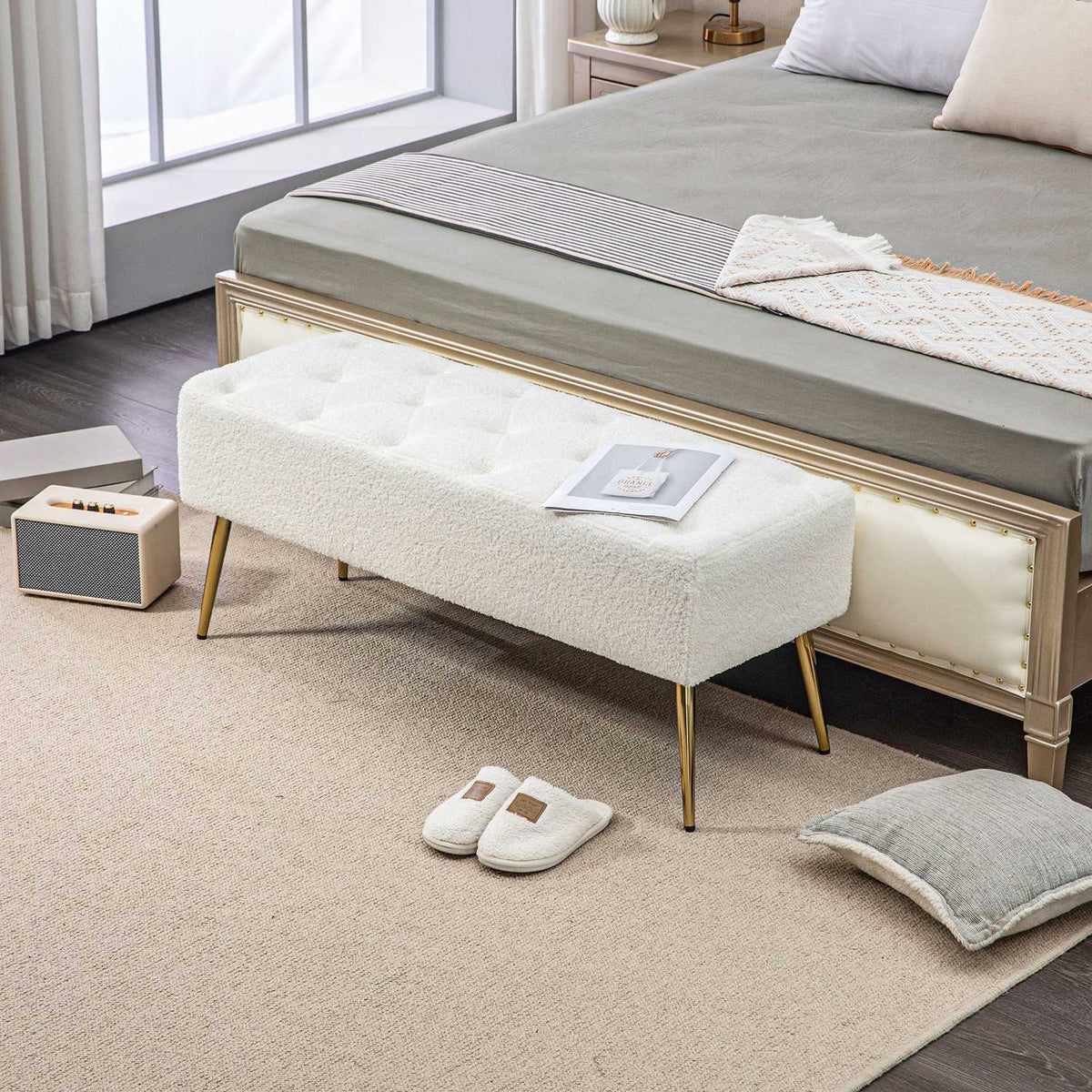 Bench, upholstered bench with lamb's wool look, button stitching, bed bench with steel legs, for bedroom, living room, 112 x 41 x 46 cm, cream