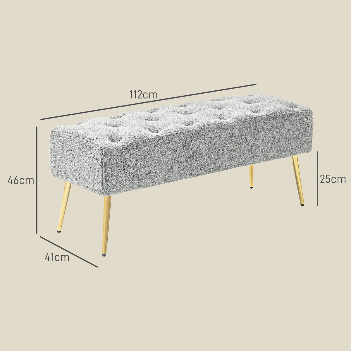 Bench upholstered bench with lambswool look, button stitching, bed bench with steel legs, for bedroom, living room, hallway, 112x41x46cm, gray
