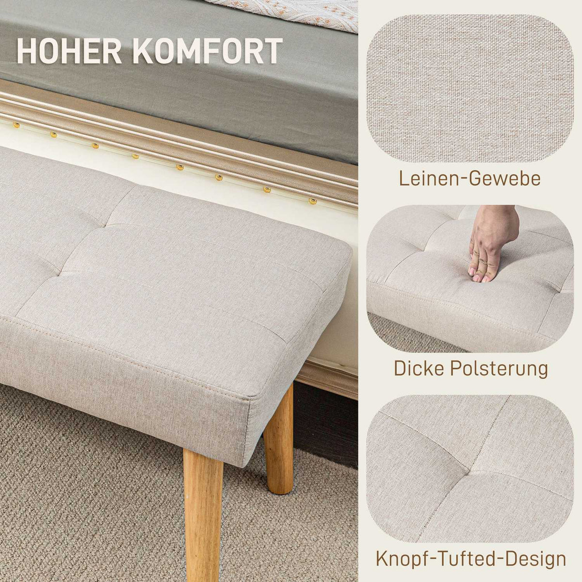 Bench, upholstered bench with linen look, button stitching, bed bench with wooden legs for bedroom, living room, hallway, 120 x 41 x 43 cm, cream