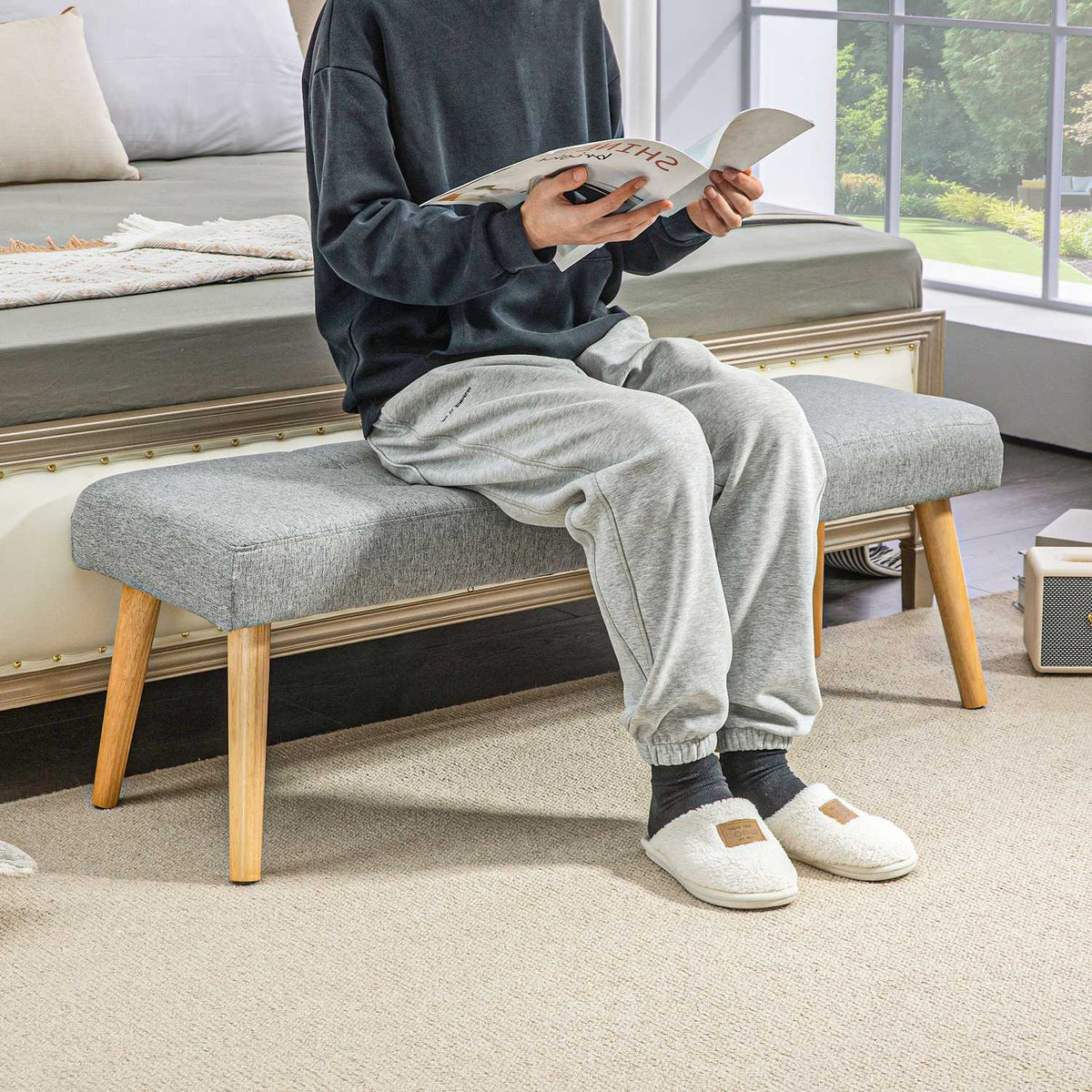 Bench, upholstered bench with linen look, button stitching, bed bench with wooden legs for bedroom, living room, hallway, 120 x 41 x 43 cm, gray