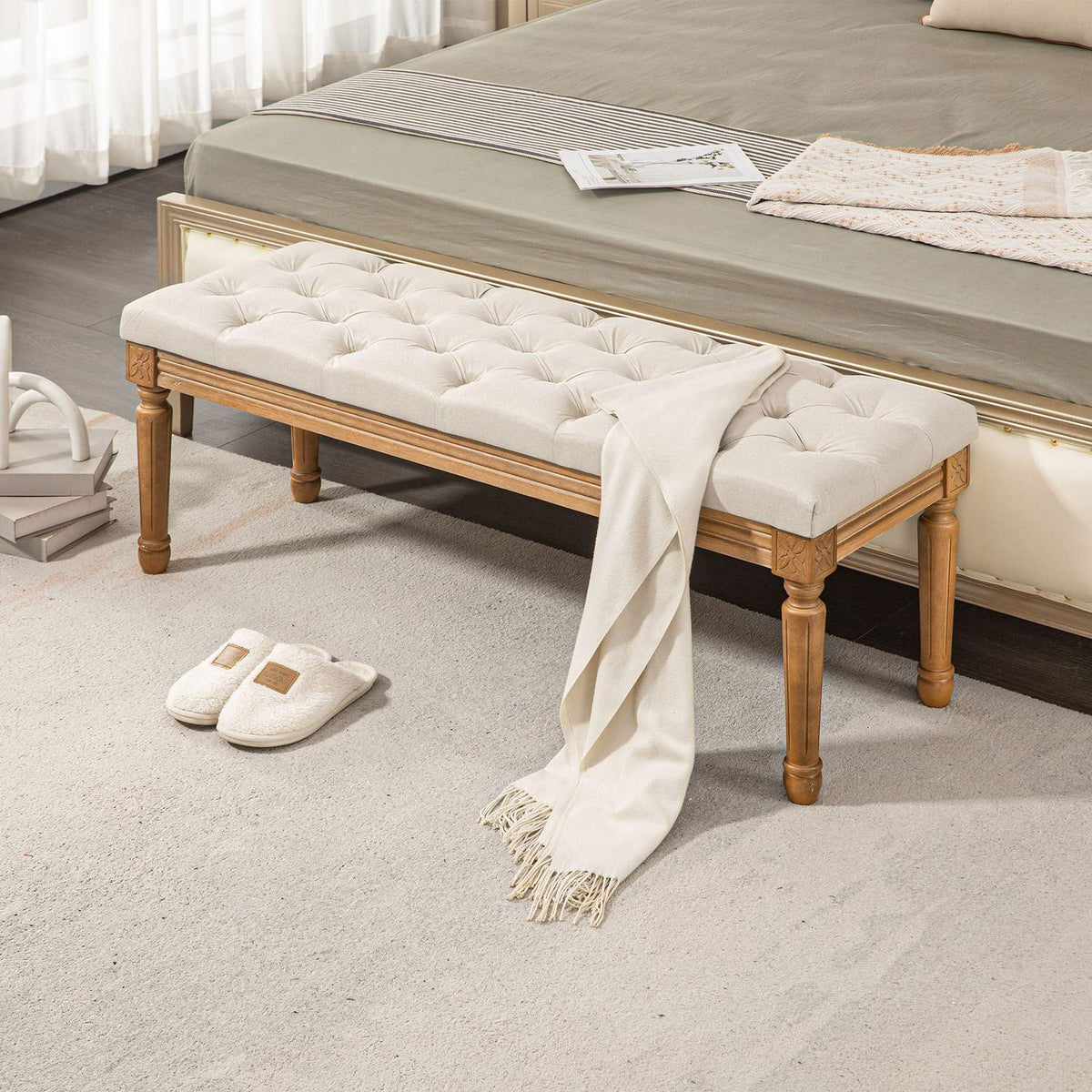Bench, upholstered bench with linen look, wooden legs, bed bench for bedroom, living room, hallway, 120 x 41 x 48 cm, cream