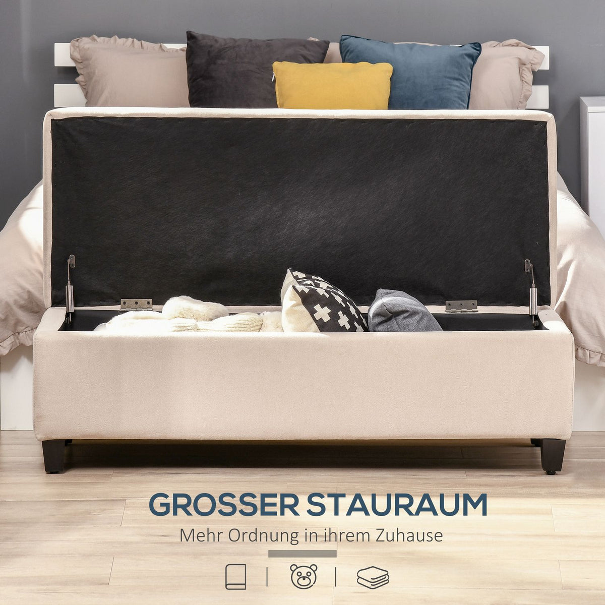 Bench, upholstered bench with storage space, bed bench with lid, linen look, chest bench, storage bench for living room, bedroom, beige