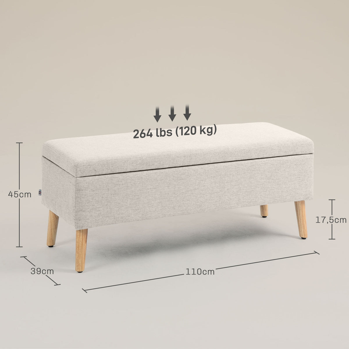 Bench upholstered bench with storage space bed bench with linen look for hallway bedroom living room rubber wood beige 110 x 39 x 45 cm