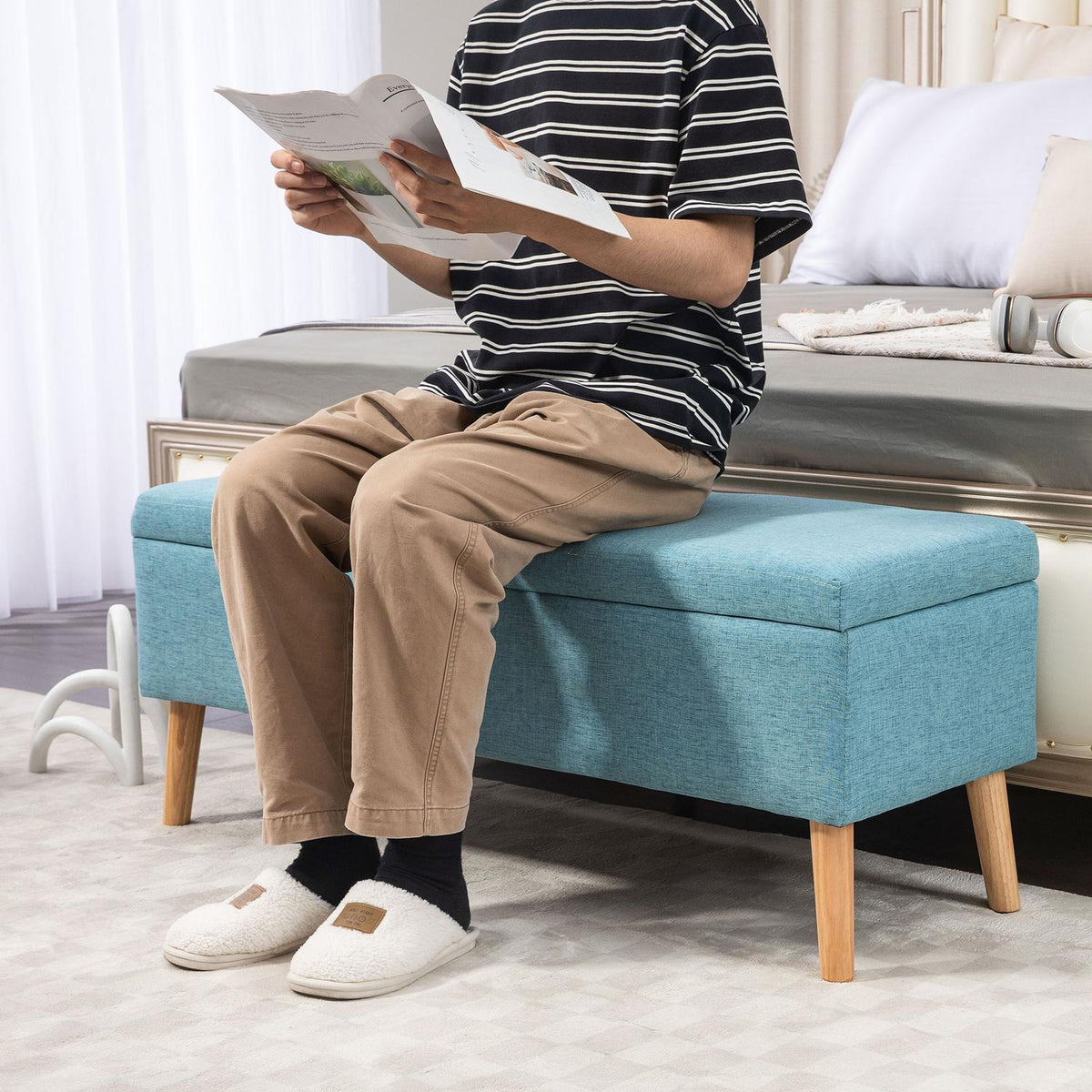 Bench upholstered bench with storage space bed bench with linen look for hallway bedroom living room rubber wood blue 110 x 39 x 45 cm