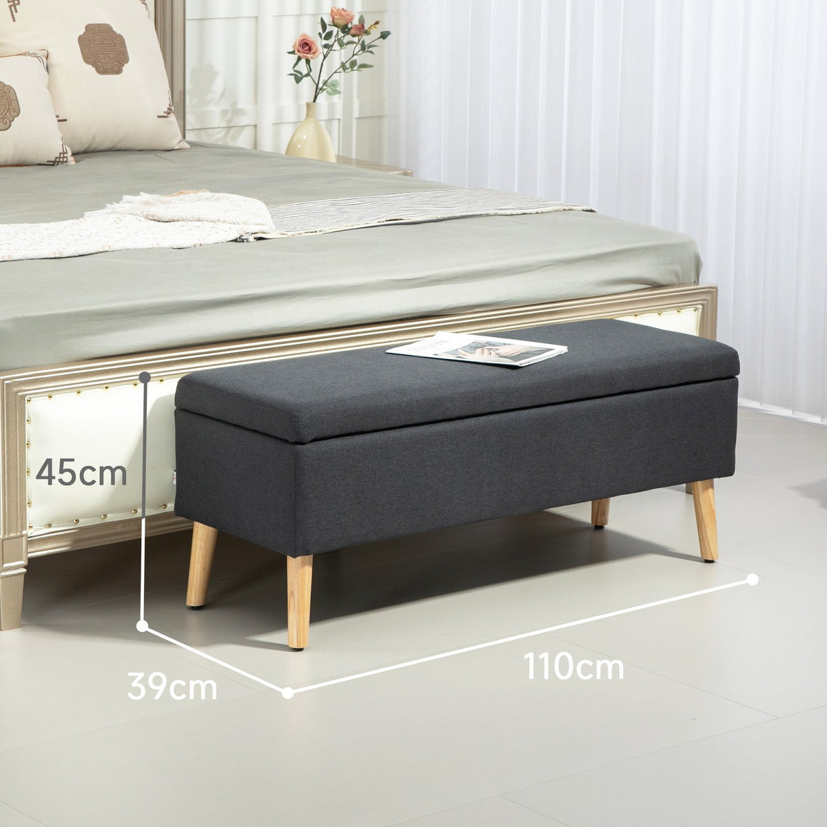 Bench upholstered bench with storage space bed bench with linen look for hallway bedroom living room rubber wood dark gray 110 x 39 x 45 cm