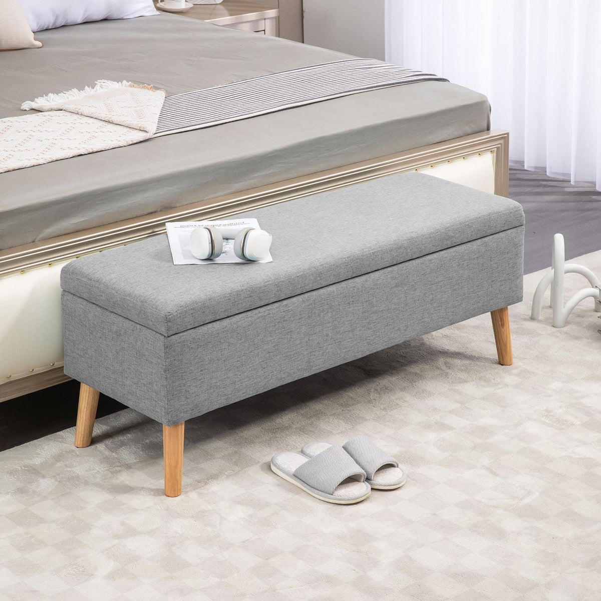 Bench upholstered bench with storage space bed bench with linen look for hallway bedroom living room rubber wood gray 110 x 39 x 45 cm