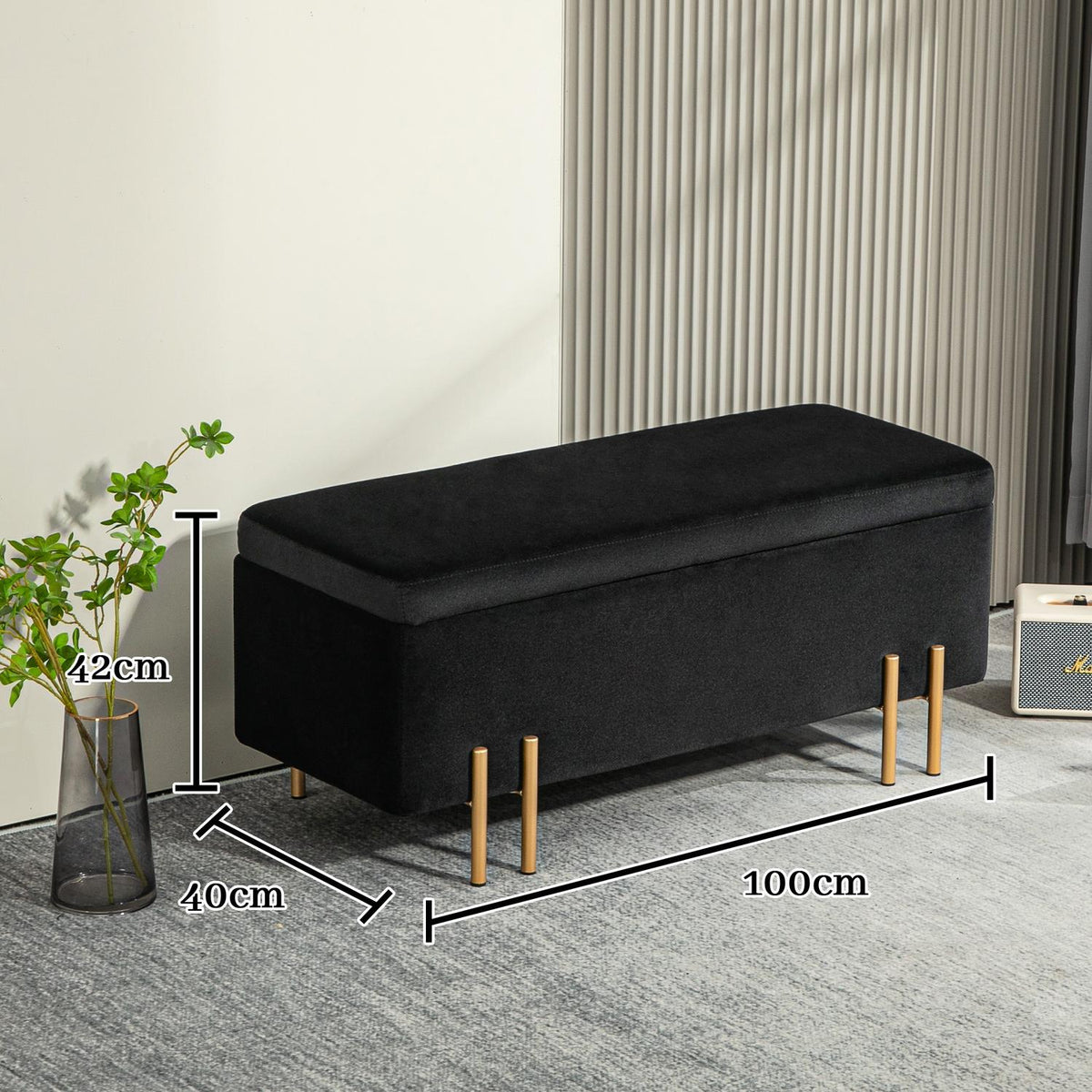 Bench, upholstered bench with storage space, chest bench, fabric, metal, rubber wood, foam, black, 100 x 40 x 42 cm
