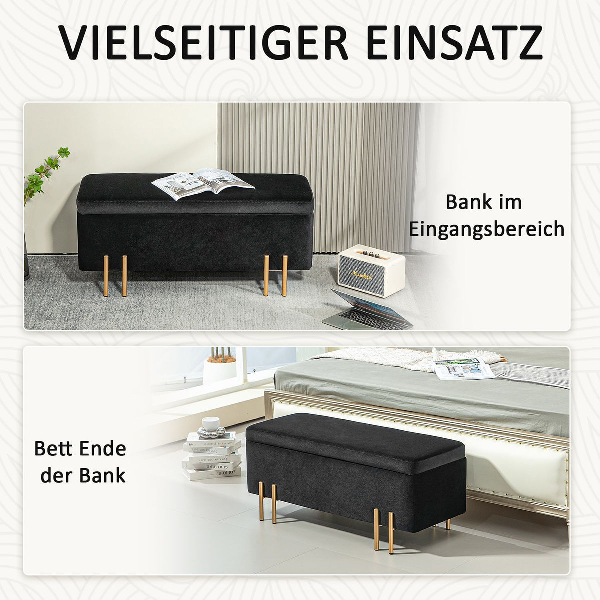 Bench, upholstered bench with storage space, chest bench, fabric, metal, rubber wood, foam, black, 100 x 40 x 42 cm