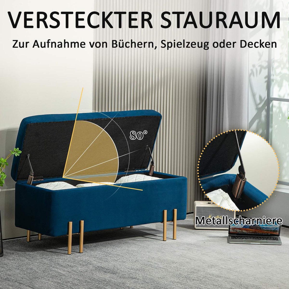 Bench, upholstered bench with storage space, chest bench, fabric, metal, rubber wood, foam, dark blue, 100 x 40 x 42 cm