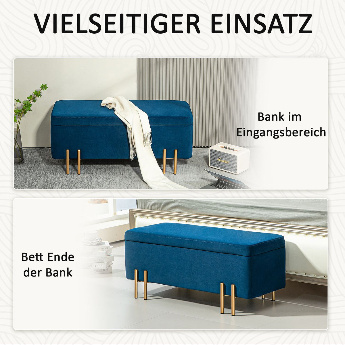 Bench, upholstered bench with storage space, chest bench, fabric, metal, rubber wood, foam, dark blue, 100 x 40 x 42 cm