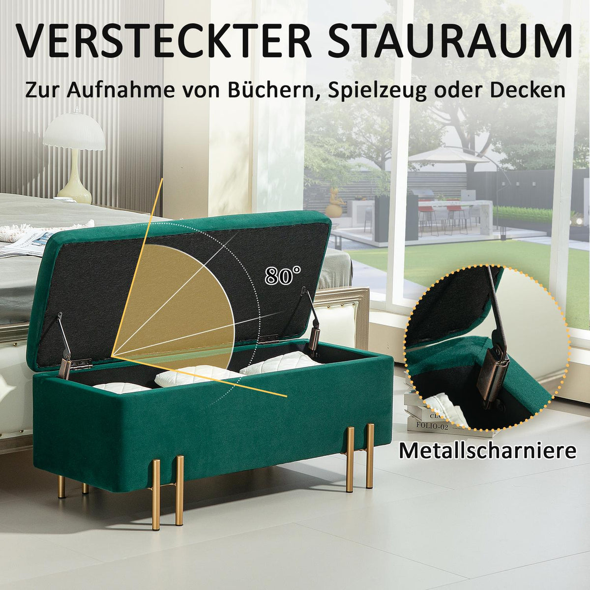 Bench, upholstered bench with storage space, chest bench, fabric, metal, rubber wood, foam, green, 100 x 40 x 42 cm