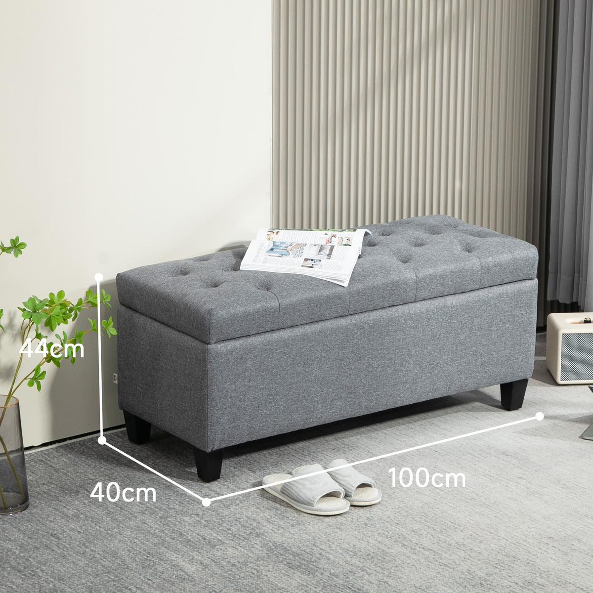 Bench upholstered bench with storage space chest bench hallway bedroom living room linen-like polyester rubber wood light gray 100 x 40 x 44 cm