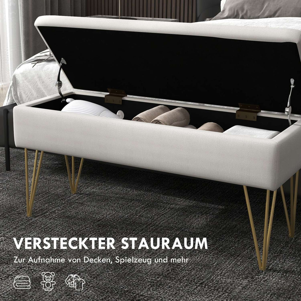 Bench upholstered bench with storage space, linen look, bed bench with steel legs, for bedroom, living room, hallway, 100 x 40 x 49 cm, cream