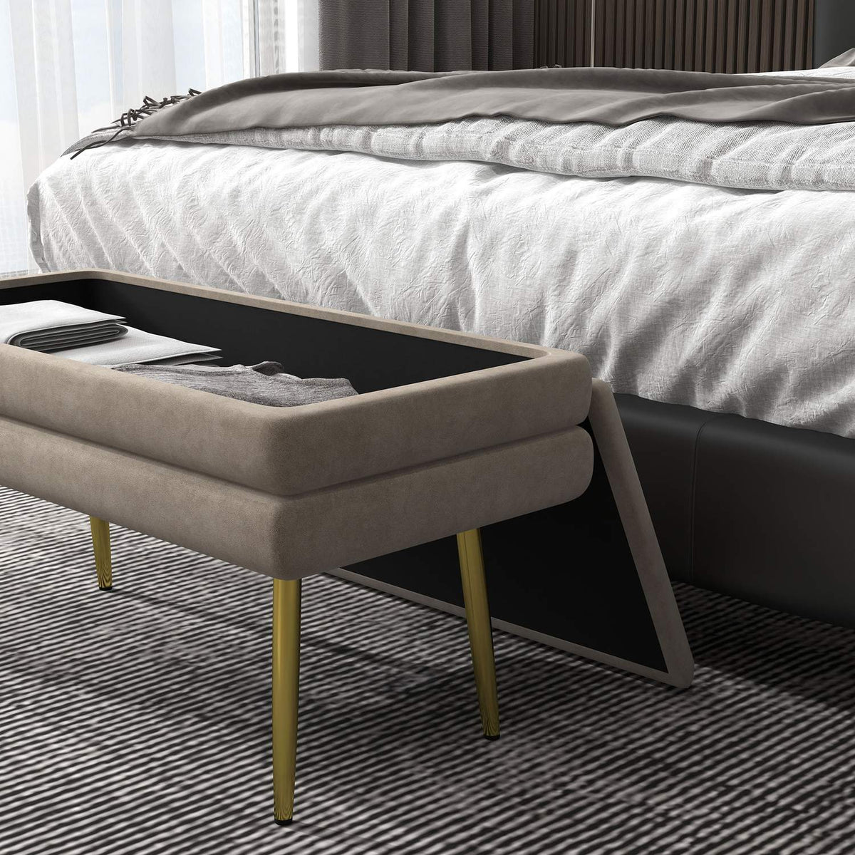 Bench, upholstered bench with storage space, velvet look, bed bench with steel legs, shoe bench, storage bench for living room, bedroom, beige, 79.5 x 37.5 x 43 cm |