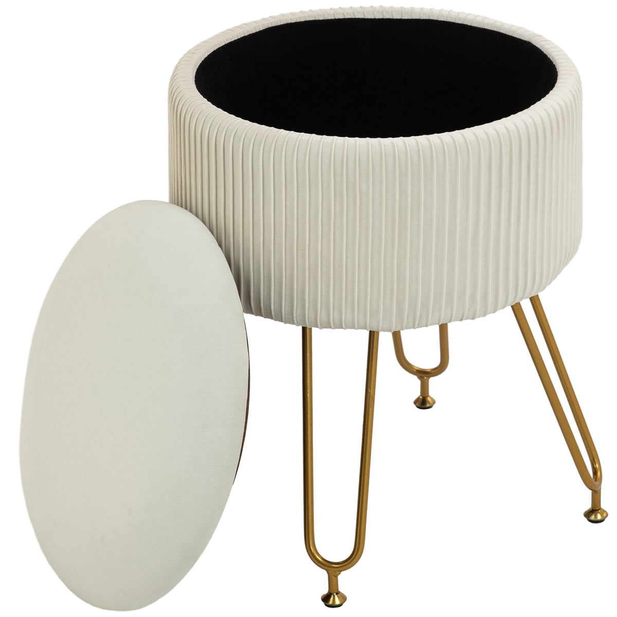 Bench with storage space, 2-in-1 upholstered bench with lid, bed bench with velvet look, for hallway, bedroom, living room, steel frame, Ø40 x 48 cm cream white