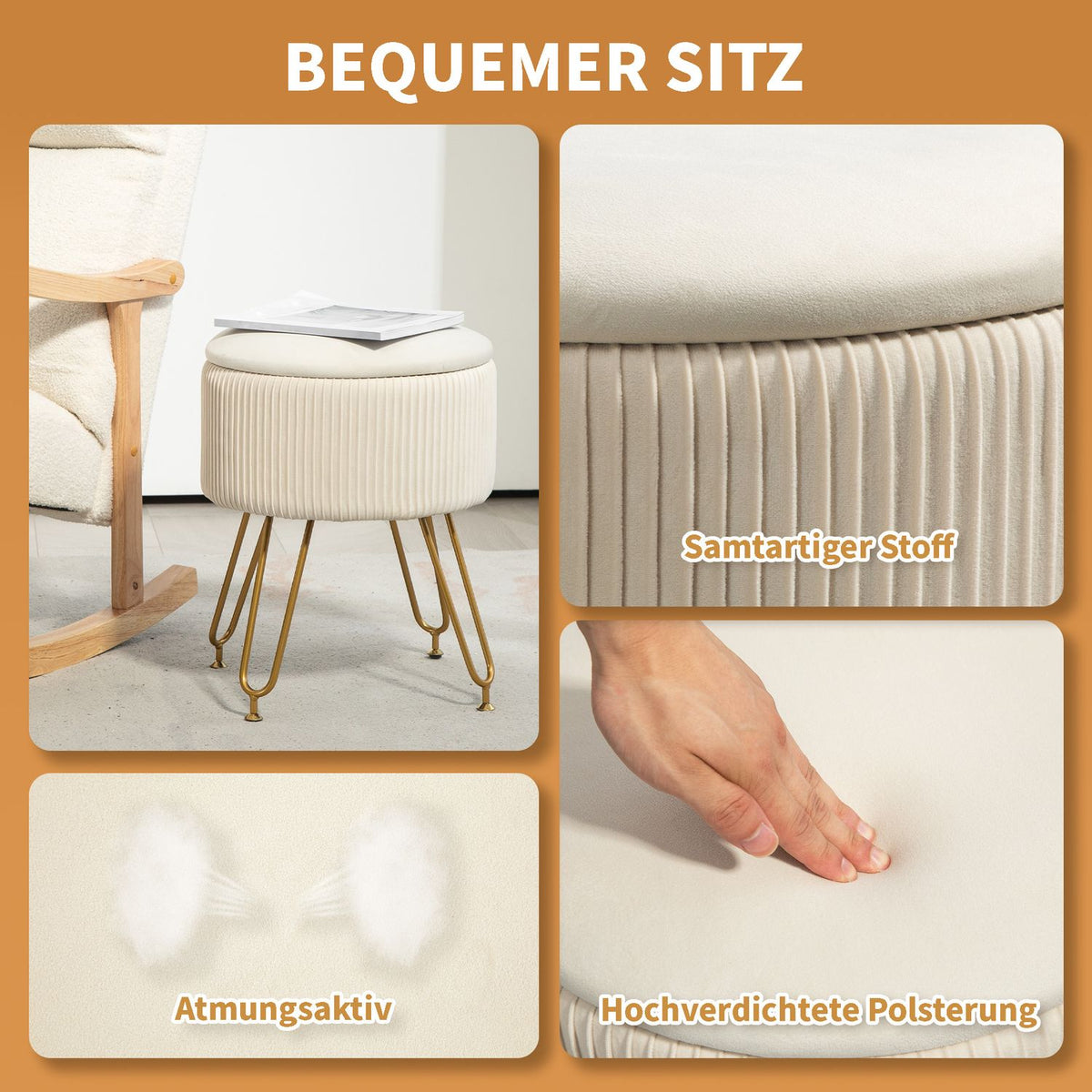 Bench with storage space, 2-in-1 upholstered bench with lid, bed bench with velvet look, for hallway, bedroom, living room, steel frame, Ø40 x 48 cm cream white