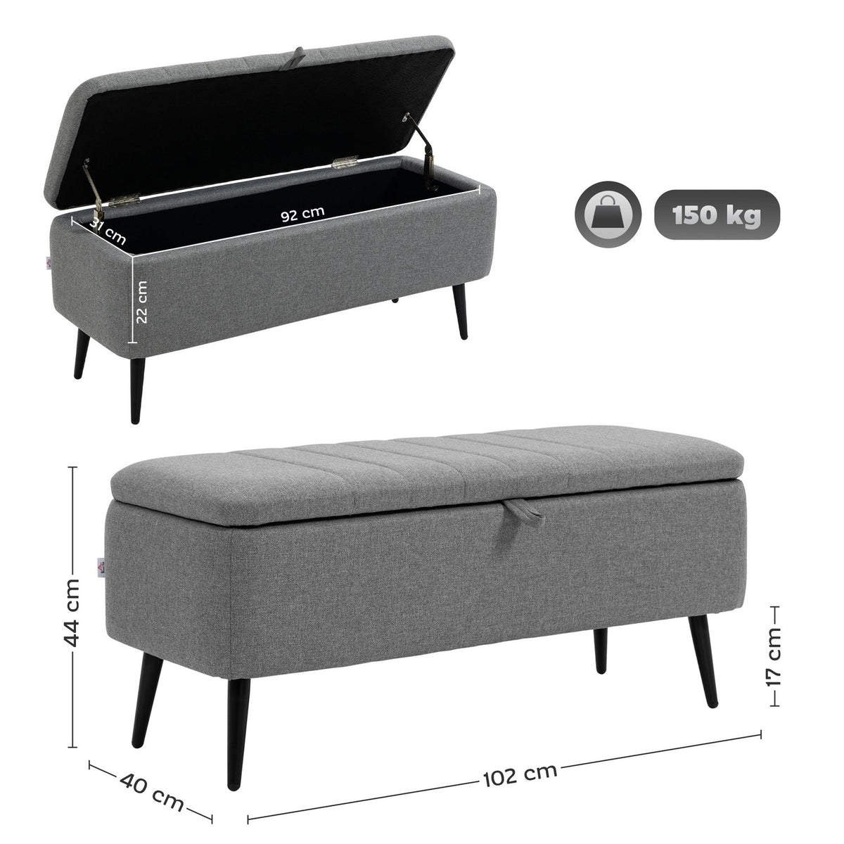 Bench with storage space Upholstered bench with linen look, seat chest with steel legs 102 x 40 x 44 cm, grey