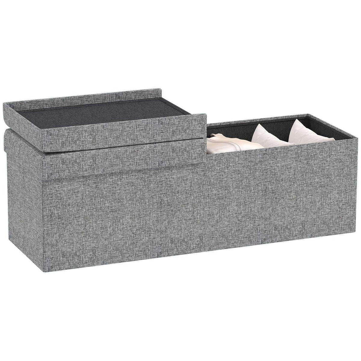 Bench with storage space, foldable upholstered bench with separate containers, bed bench with linen look, seat chest for hallway, bedroom, living room, 110 x 38 x 38 cm dark gray