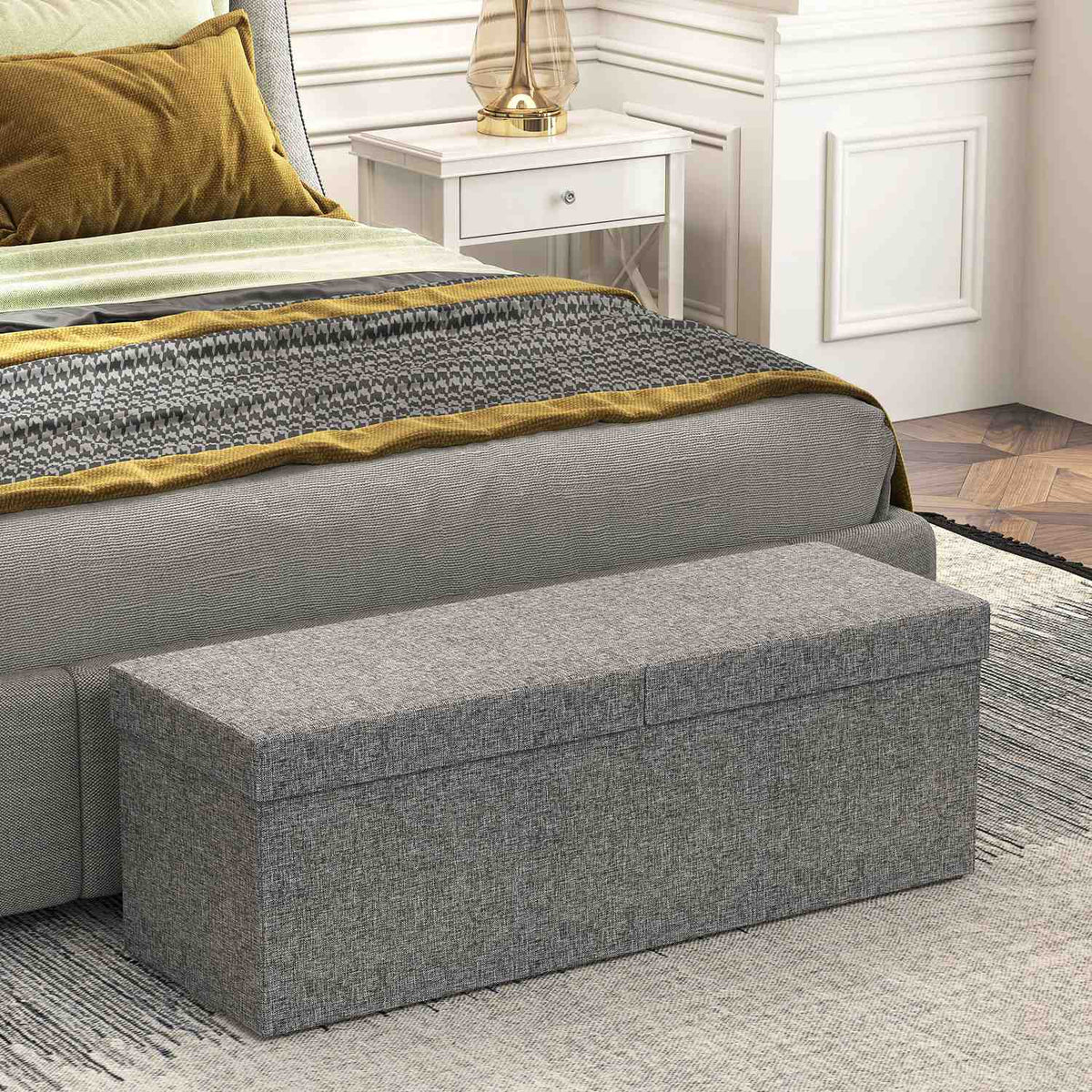 Bench with storage space, foldable upholstered bench with separate containers, bed bench with linen look, seat chest for hallway, bedroom, living room, 110 x 38 x 38 cm dark gray