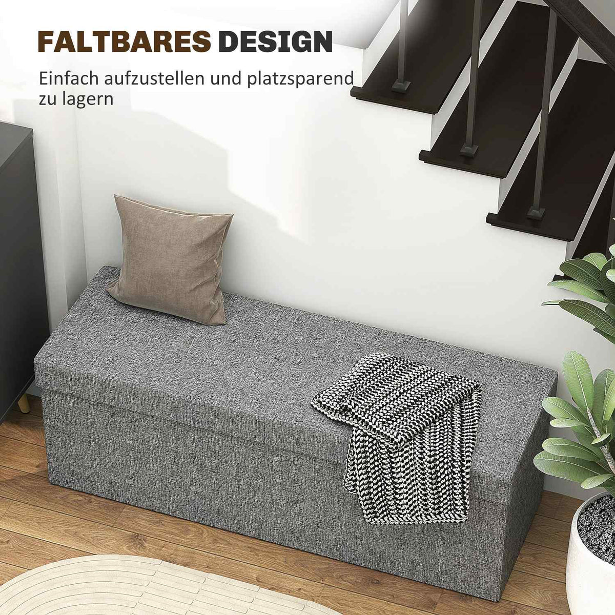 Bench with storage space, foldable upholstered bench with separate containers, bed bench with linen look, seat chest for hallway, bedroom, living room, 110 x 38 x 38 cm dark gray