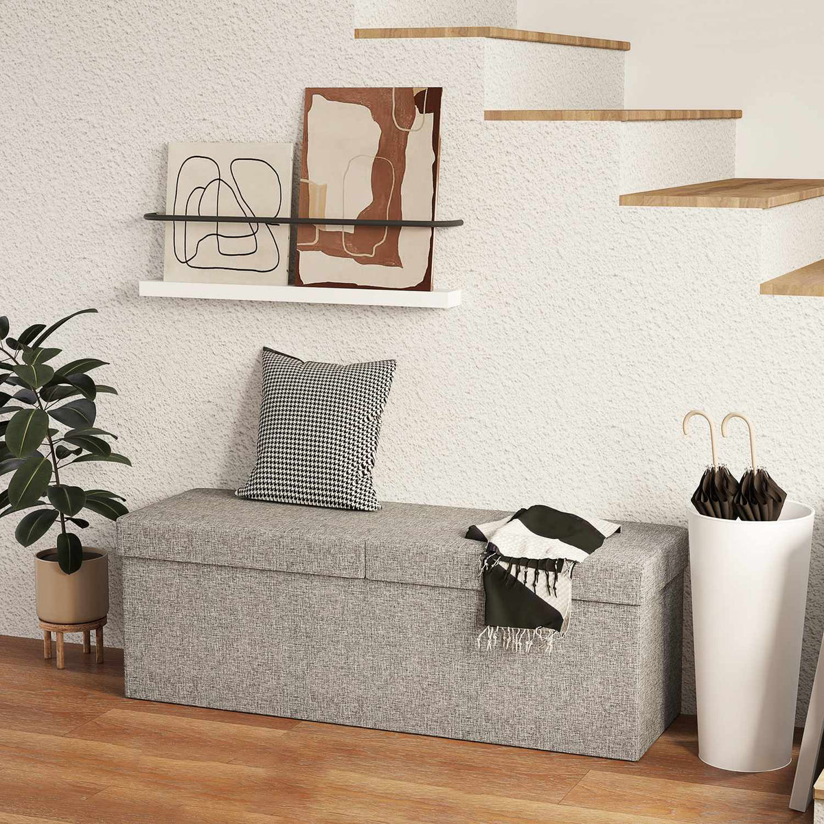 Bench with storage space, foldable upholstered bench with separate containers, bed bench with linen look, seat chest for hallway, bedroom, living room, 110 x 38 x 38 cm dark gray