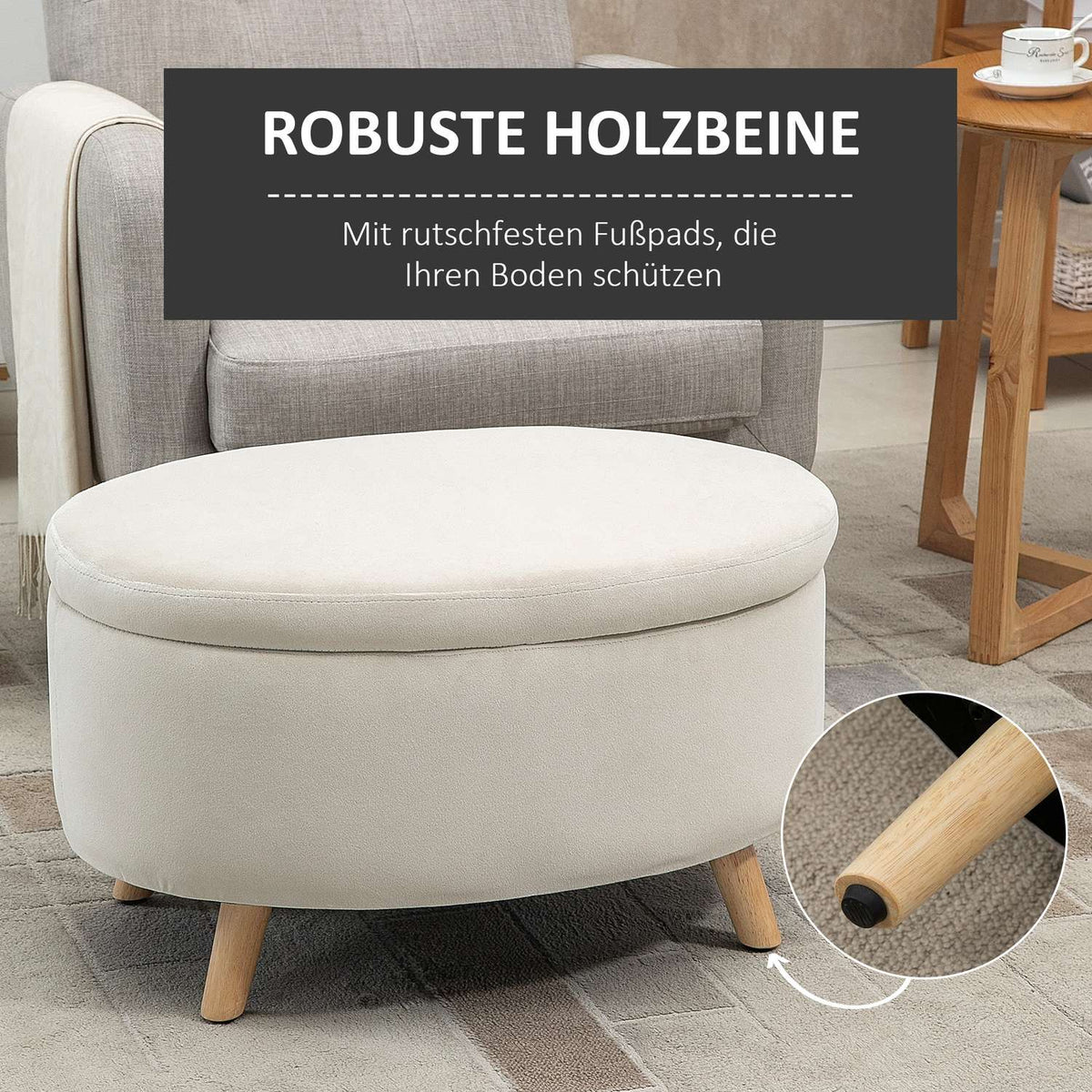 Bench with storage space, oval upholstered bench with lid, bed bench with velvet look, for hallway, bedroom, living room, wooden legs 71 x 51.5 x 42 cm beige