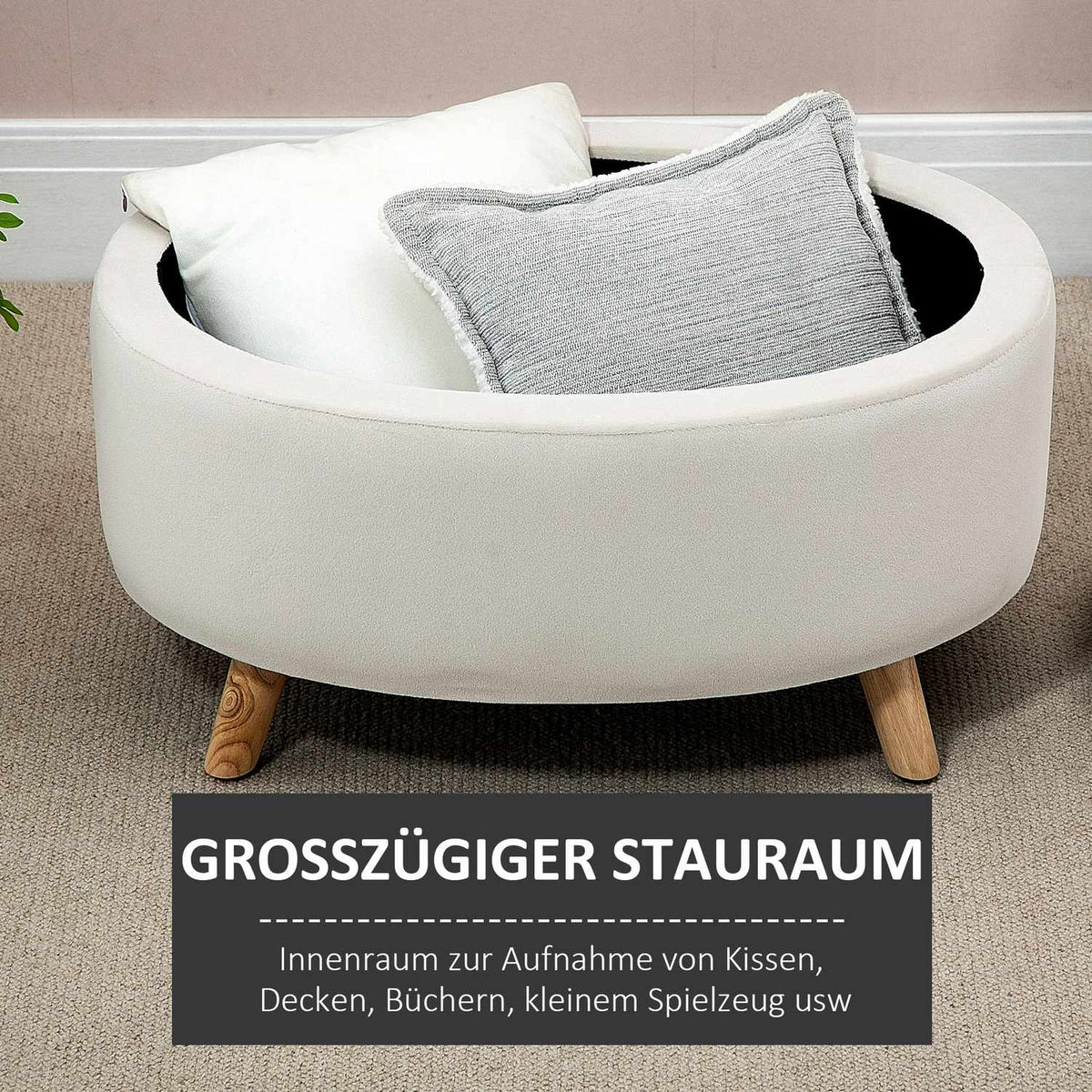 Bench with storage space, oval upholstered bench with lid, bed bench with velvet look, for hallway, bedroom, living room, wooden legs 71 x 51.5 x 42 cm beige