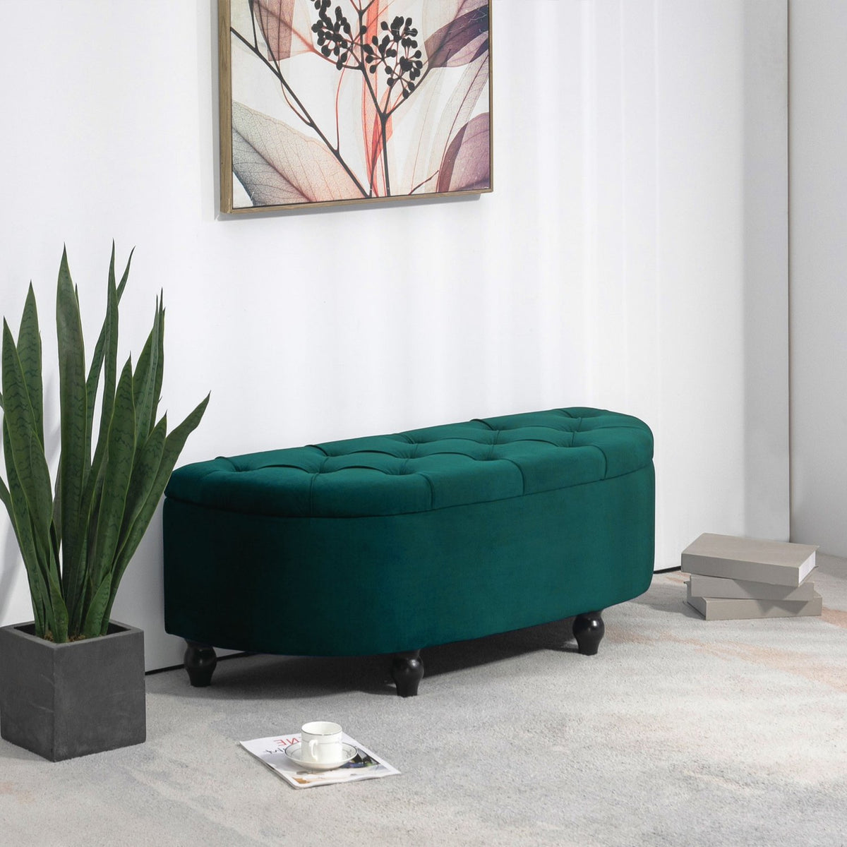 Bench with storage space, seat chest with opened lid, velvet touch, upholstered bench, rubber wood, dark green, 120 x 46 x 42 cm