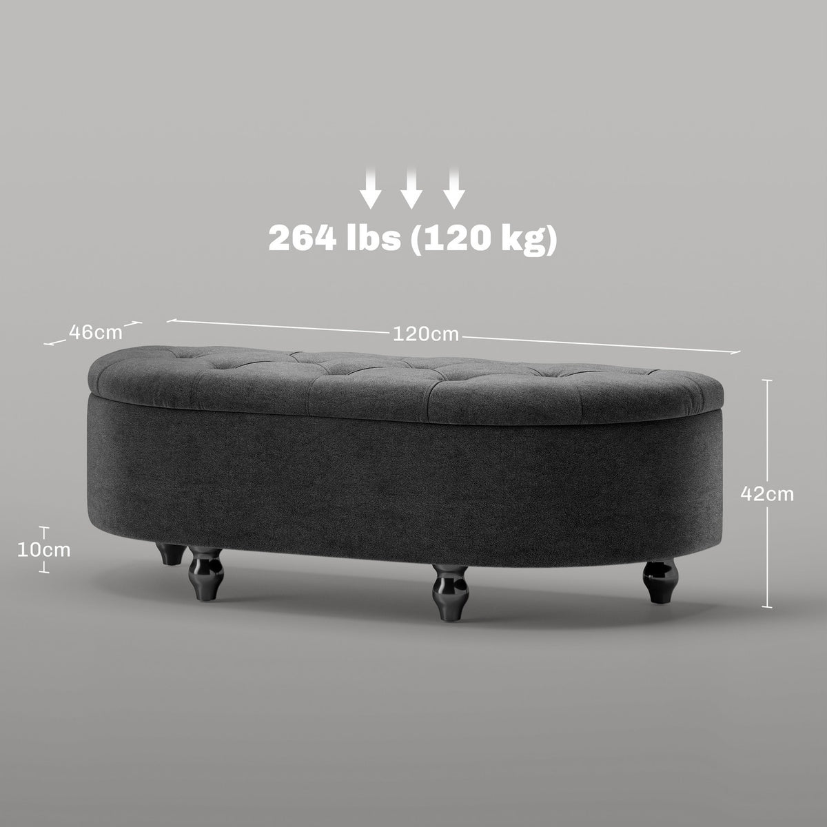 Bench with storage space, seat chest with open lid, velvet touch, upholstered bench for bedroom, rubber wood, dark gray, 120x46x42cm