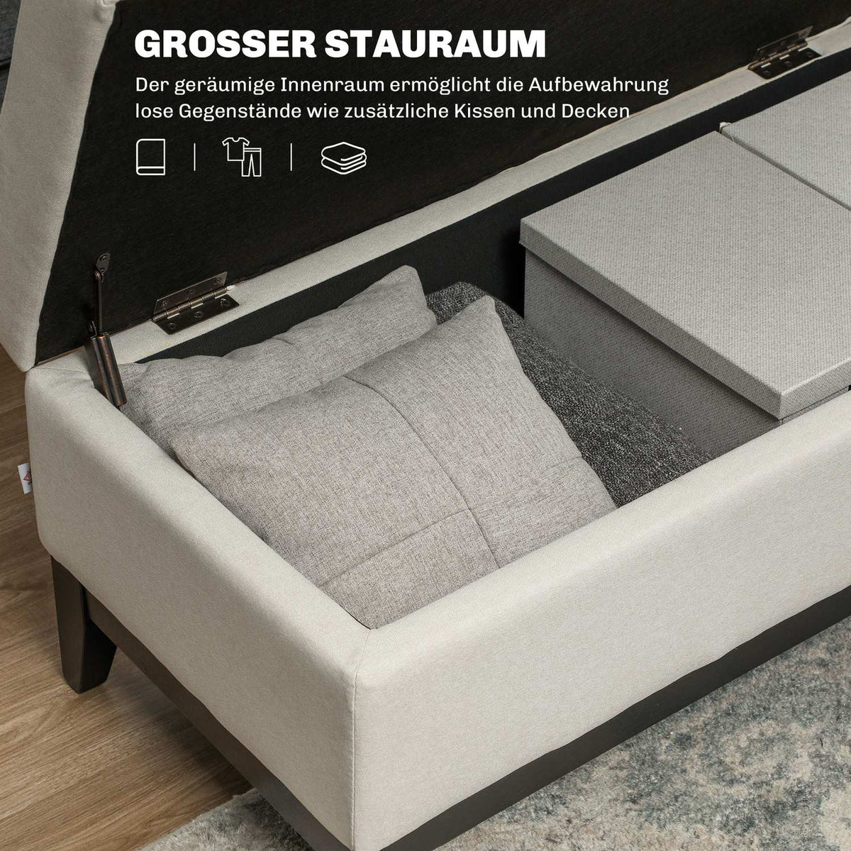 Bench with storage space, upholstered bench, can hold up to 120 kg, bed bench with storage box, foam for living room, bedroom, cream white, 107 x 50 x 44 cm