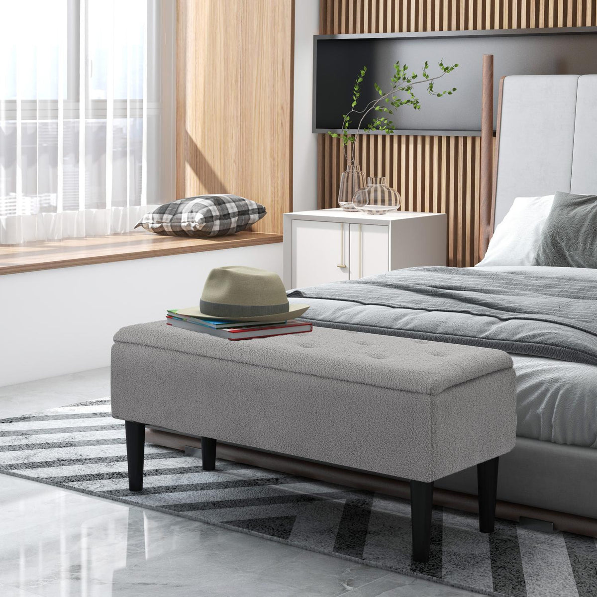 Bench with storage space, upholstered bench with hinged lid, velvet look, chest bench, for living room, bedroom, gray, 95 x 38 x 45 cm
