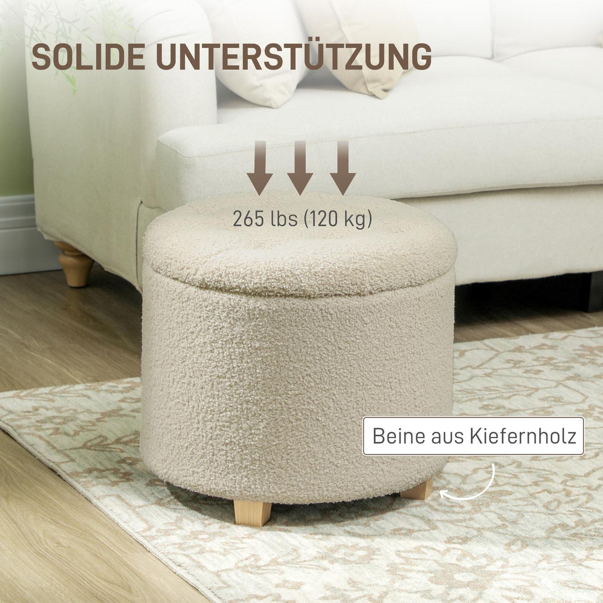 Bench with storage space, upholstered bench with lid, bed bench with cashmere look, for hallway, bedroom, living room, wooden frame Ø45 x 41 cm cream white