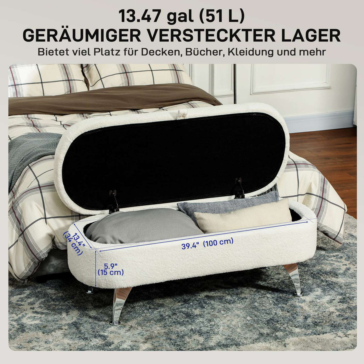 Bench with storage space, upholstered bench with lid, bed bench with teddy velvet look, for hallway, bedroom, living room, metal frame 114 x 47 x 46.5 cm white