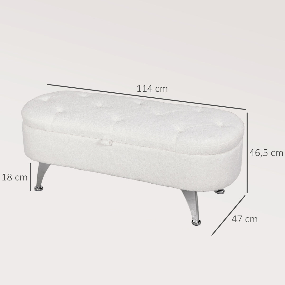 Bench with storage space, upholstered bench with lid, bed bench with teddy velvet look, for hallway, bedroom, living room, metal frame 114 x 47 x 46.5 cm white