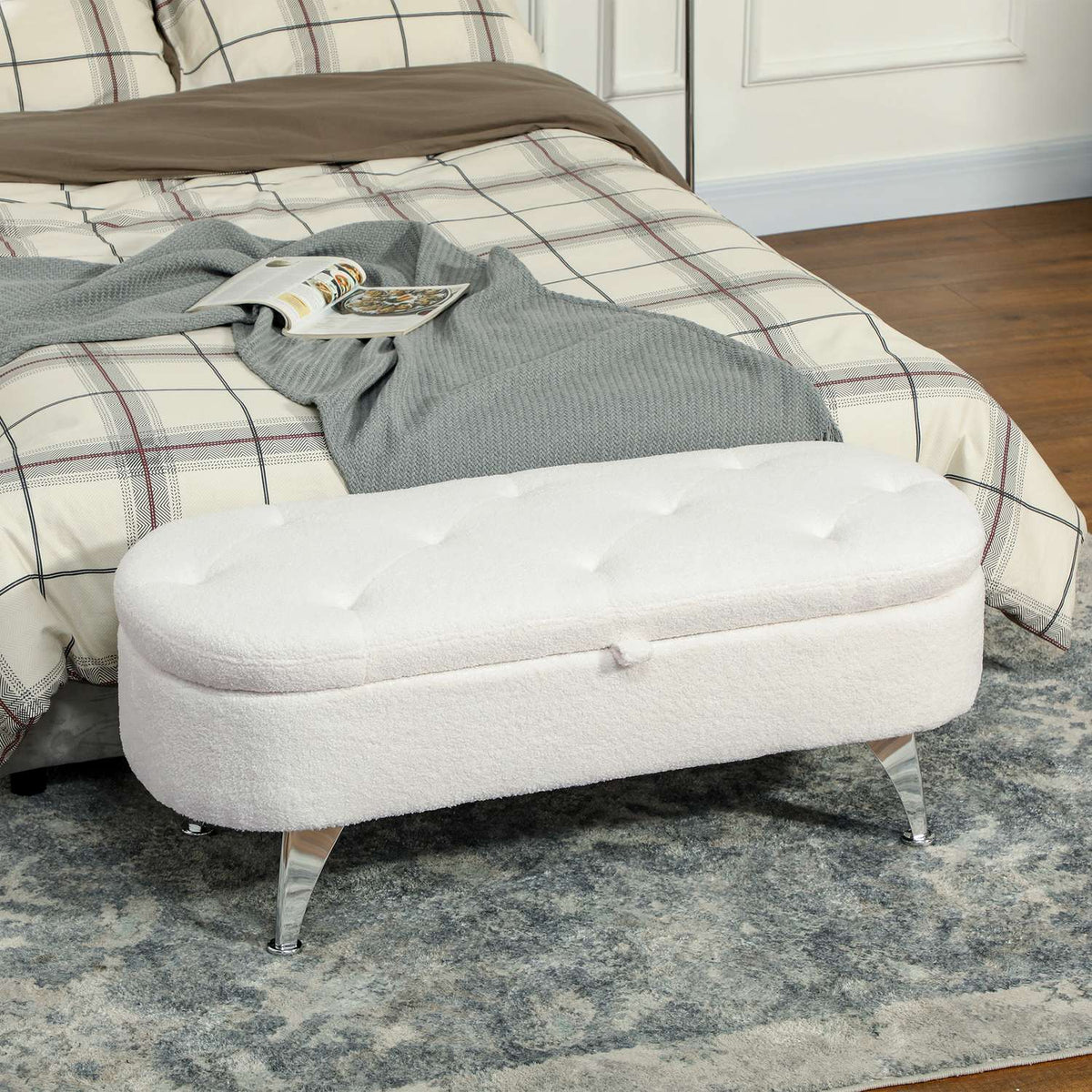 Bench with storage space, upholstered bench with lid, bed bench with teddy velvet look, for hallway, bedroom, living room, metal frame 114 x 47 x 46.5 cm white