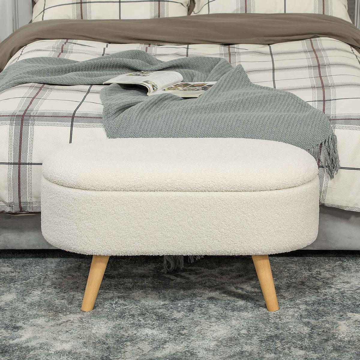 Bench with storage space, upholstered bench with lid, bed bench with teddy velvet look, for hallway, bedroom, living room, wooden frame 82 x 41 x 45 cm white
