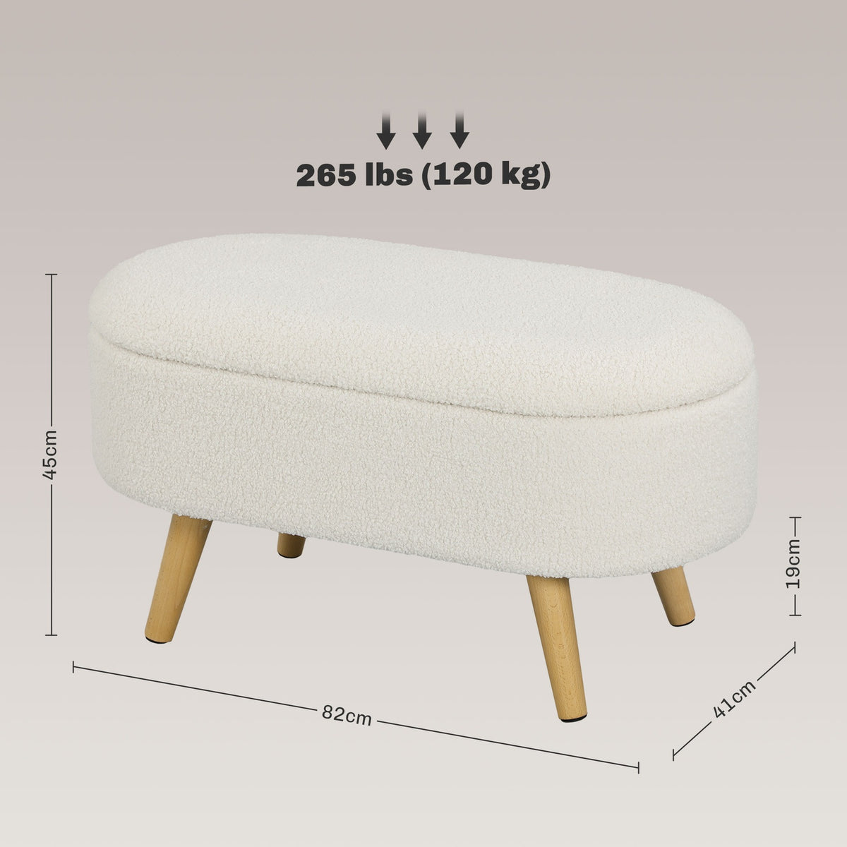 Bench with storage space, upholstered bench with lid, bed bench with teddy velvet look, for hallway, bedroom, living room, wooden frame 82 x 41 x 45 cm white