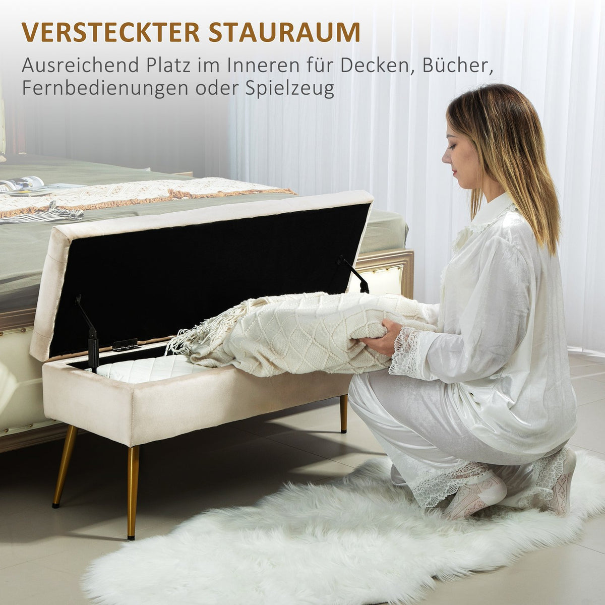 Bench with storage space, upholstered bench with lid, bed bench with velvet look, for hallway, bedroom, living room, metal frame 102 x 35 x 43 cm beige