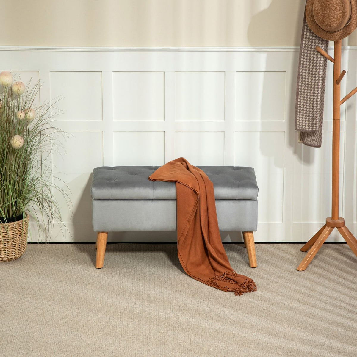 Bench with storage space, upholstered bench with lid, bed bench with velvet look, for hallway, bedroom, living room, rubber wood 102 x 35 x 43 cm gray