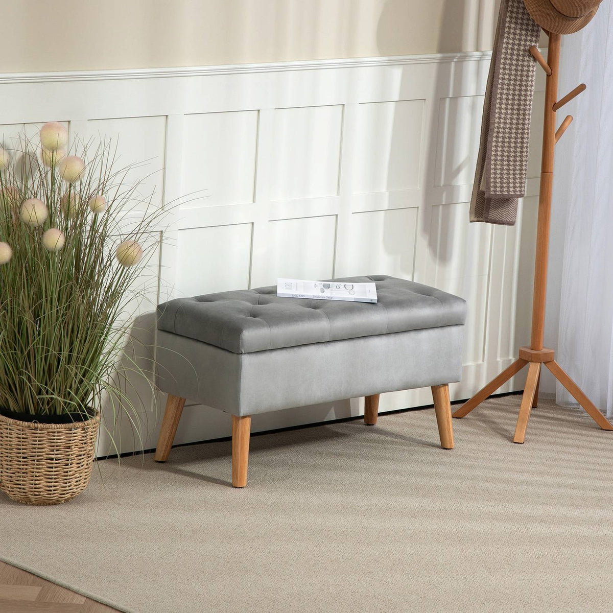Bench with storage space, upholstered bench with lid, bed bench with velvet look, for hallway, bedroom, living room, rubber wood 102 x 35 x 43 cm gray