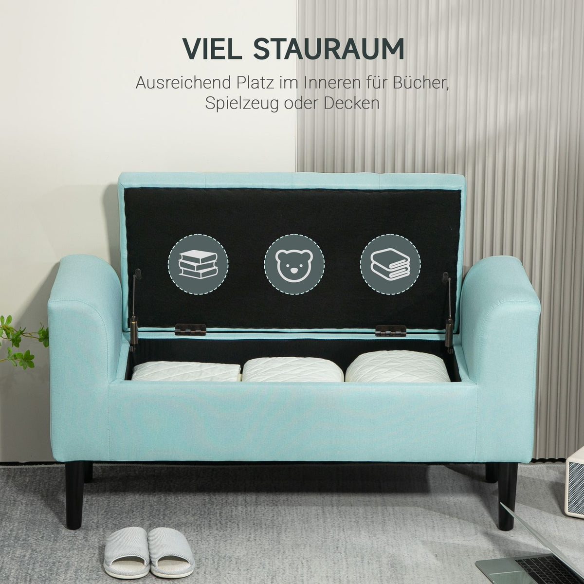 Bench with storage space, upholstered bench with linen look, stool with a load capacity of up to 130 kg, storage box, for living room, bedroom, hallway, 116 x 44 x 58 cm green